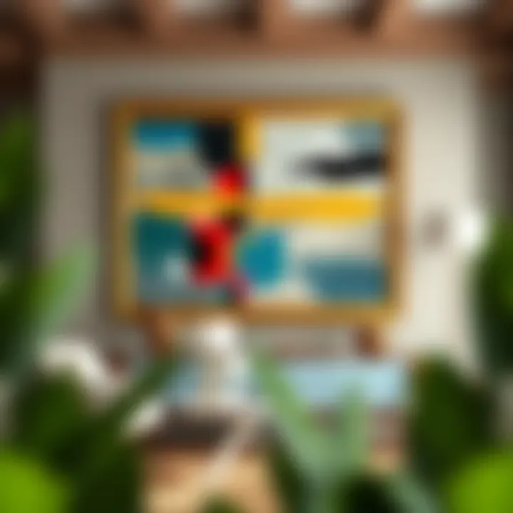 An eclectic interior showcasing a bold oversized painting that serves as a focal point