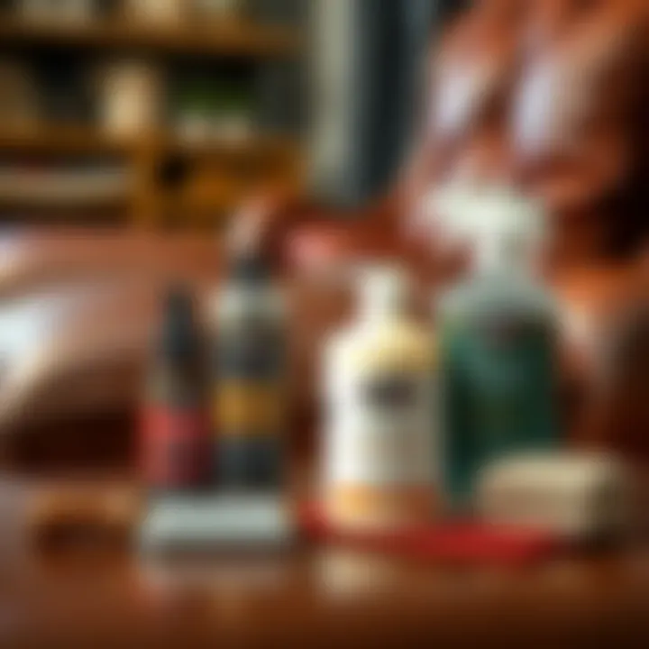 Maintenance tools and products for caring for saddle leather furniture.