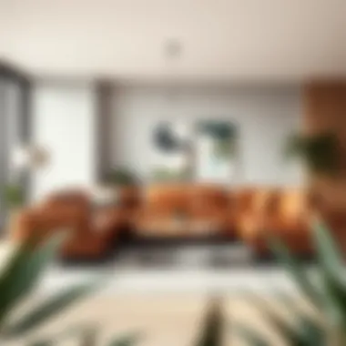 Elegant living room featuring a stylish saddle leather sectional couch.