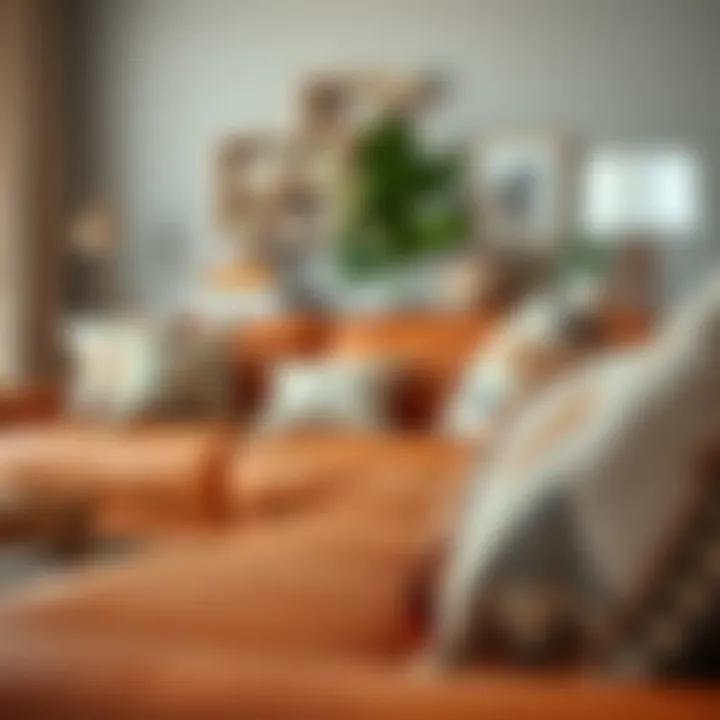 Detailed shot of saddle leather sectional couch with decorative cushions.