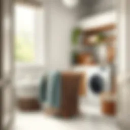 A stylish lint basket made of wicker in a modern laundry room