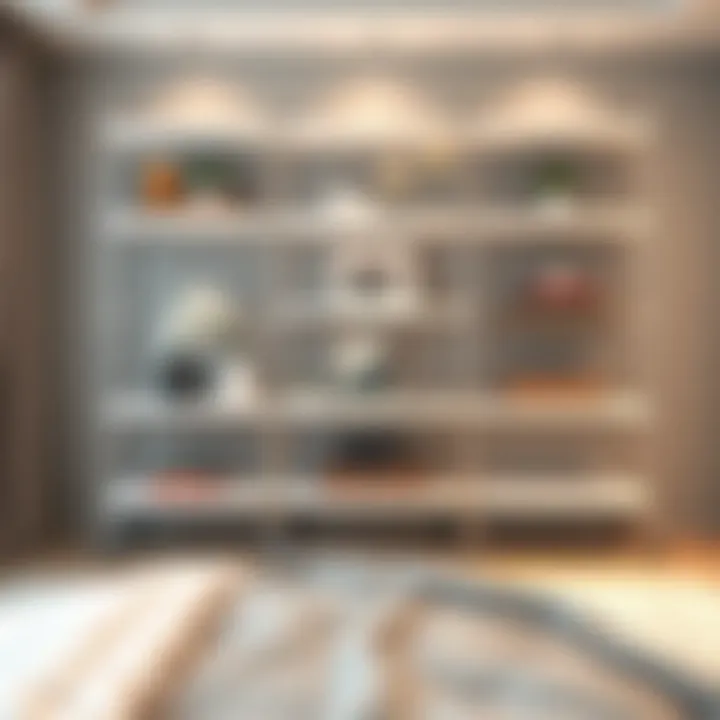 Stylish Shelves Displaying Decorative Items Stylish plastic shelves on wheels displaying decorative items in a bedroom