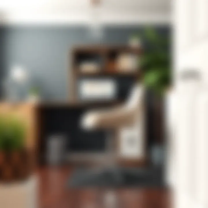 A stylish home office featuring a desk stool with wheels