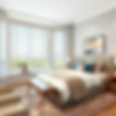 Beautifully designed bedroom featuring 50-inch blinds as a window treatment