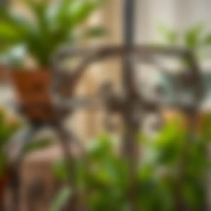 Intricate Design of Wrought Iron Plant Stand Close-up of the intricate design of a wrought iron plant stand