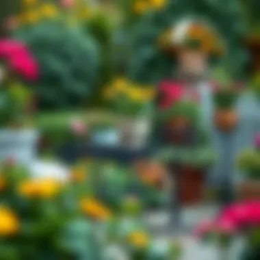 Outdoor Garden with Wrought Iron Plant Stands Vibrant outdoor garden scene with wrought iron plant stands