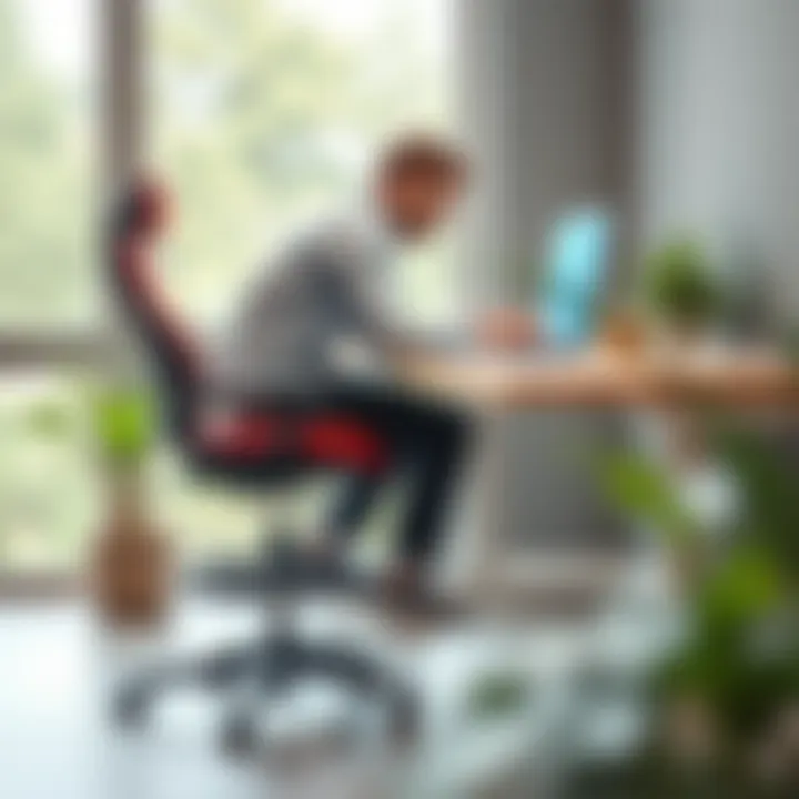 Man utilizing an ergonomic padded desk stool while working