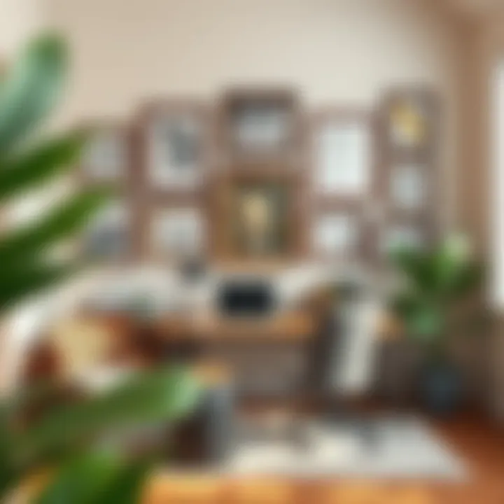 Stylish home office adorned with rustic frames