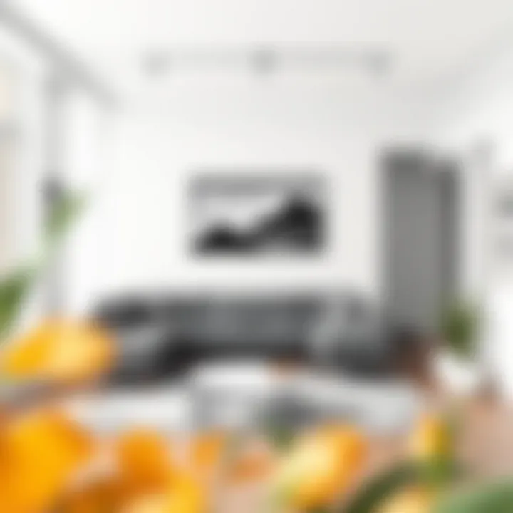 Minimalist Apartment Design Featuring Grey Couch Small grey L-shaped couch in a minimalist apartment design