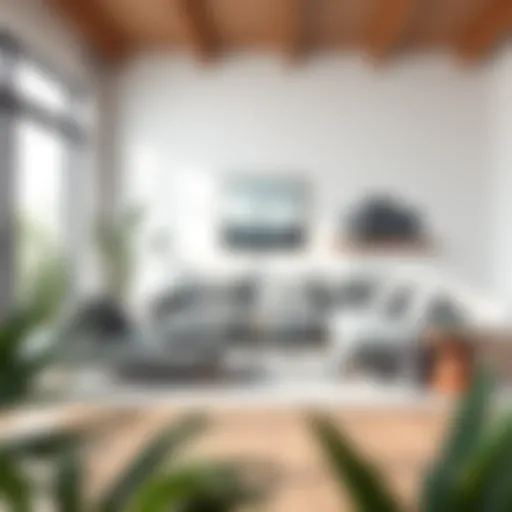 Modern living room featuring a small grey L-shaped couch