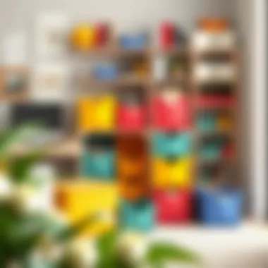 Colorful tall organizing totes arranged in a creative workspace