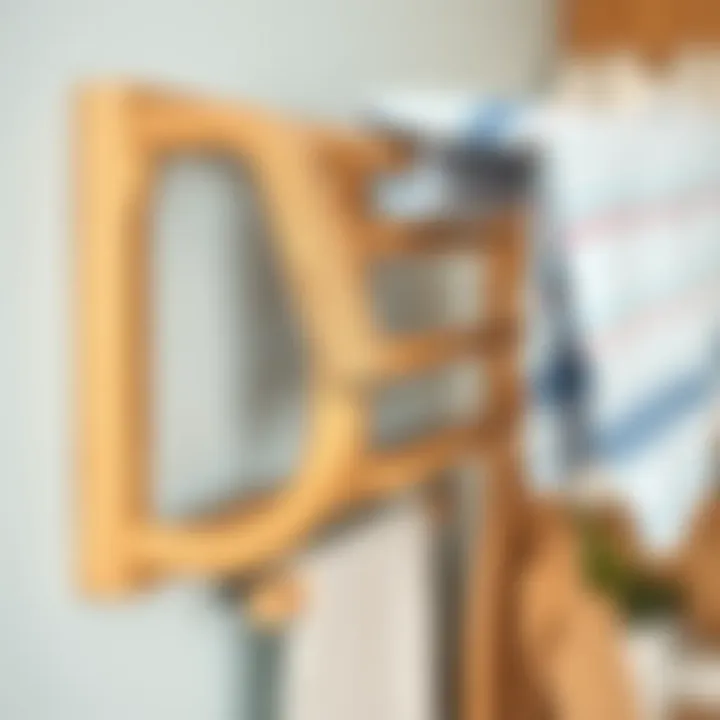 Close-up of a wood wall mounted drying rack in use