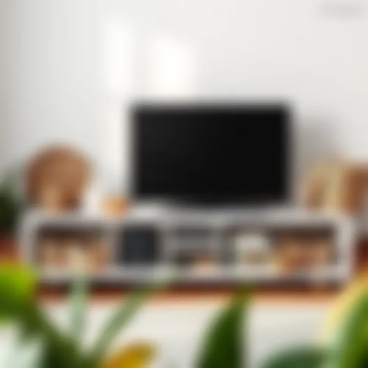 Contemporary Design with Decorative Baskets Contemporary TV stand with an array of decorative baskets