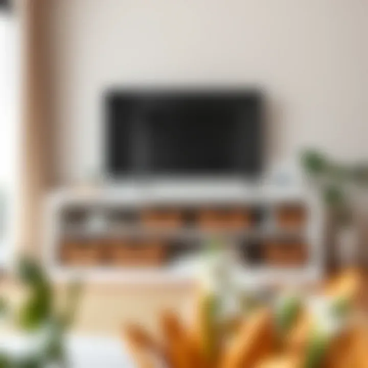 Elegant Minimalist Setup with Organized Storage Elegant TV stand showcasing organized basket storage within a minimalist setup