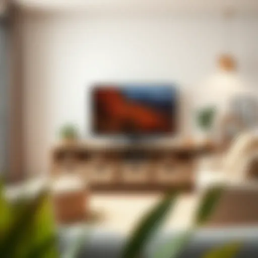 Stylish living room featuring a modern TV stand with basket storage