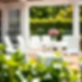 Elegant white plastic outdoor stacking chairs arranged on a patio