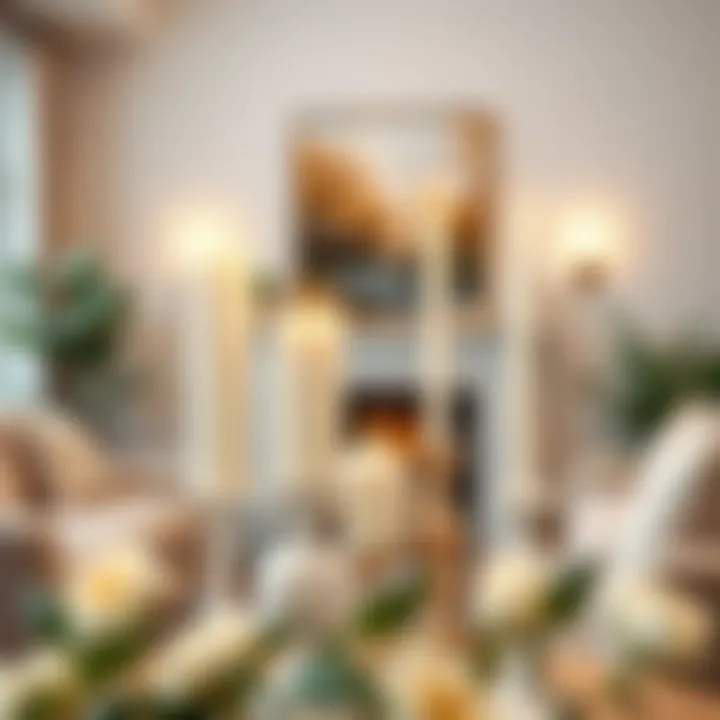 Stylish arrangement of white tall candle holders in a cozy living room