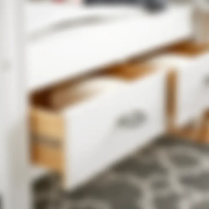 Storage Solutions in White Wooden Bed Frame Close-up of storage drawers in a white wooden bed frame