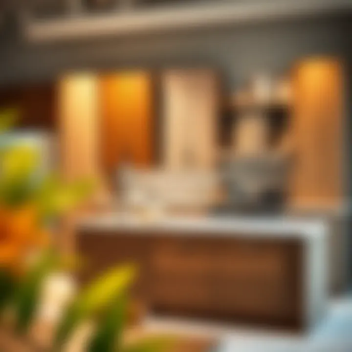 Variety of materials used for wood-look cabinets displayed in a showroom