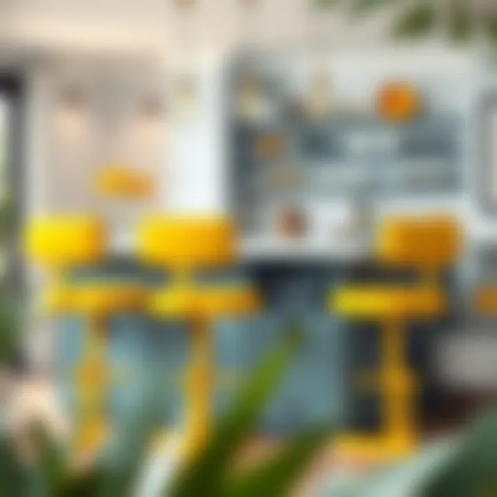 Chic Home Bar Featuring Stylish Yellow Stools Stylish yellow bar stools integrated into a chic home bar setup