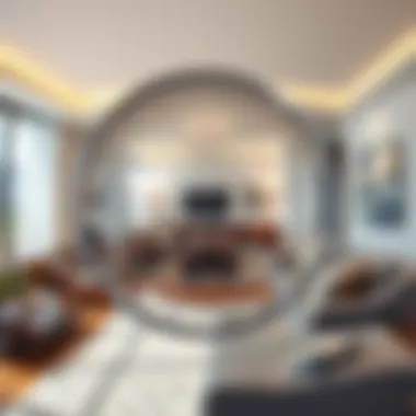 A fisheye mirror reflecting a stylishly designed living room