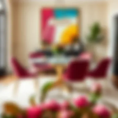 Stylish five-chair round dining table with a centerpiece in a vibrant decor