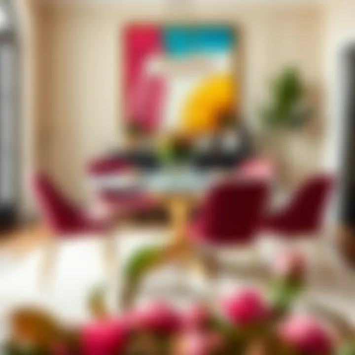 Stylish five-chair round dining table with a centerpiece in a vibrant decor