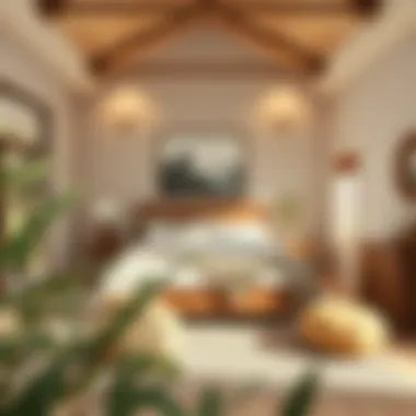 A cozy bedroom featuring earthy tones and wooden accents