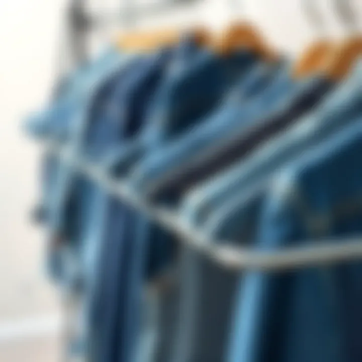 Close-up of denim fabric preserving techniques with drying rack.