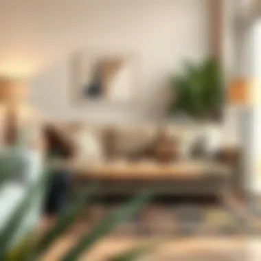 Cozy Atmosphere with Low Profile Couch Cozy low profile couch with decorative pillows and a stylish rug