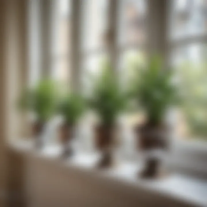 Beautifully arranged plants on window sills with stands