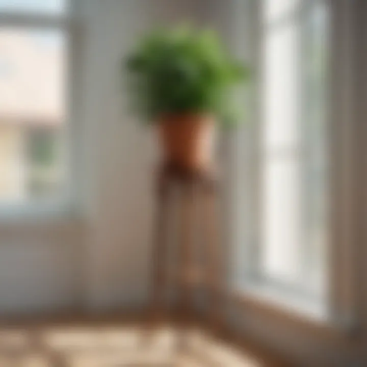 Elegant wooden plant stand against a sunlit window