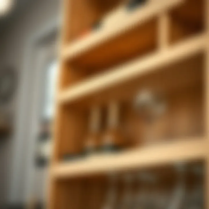 Close-up of a modern wine glass rack made of wood