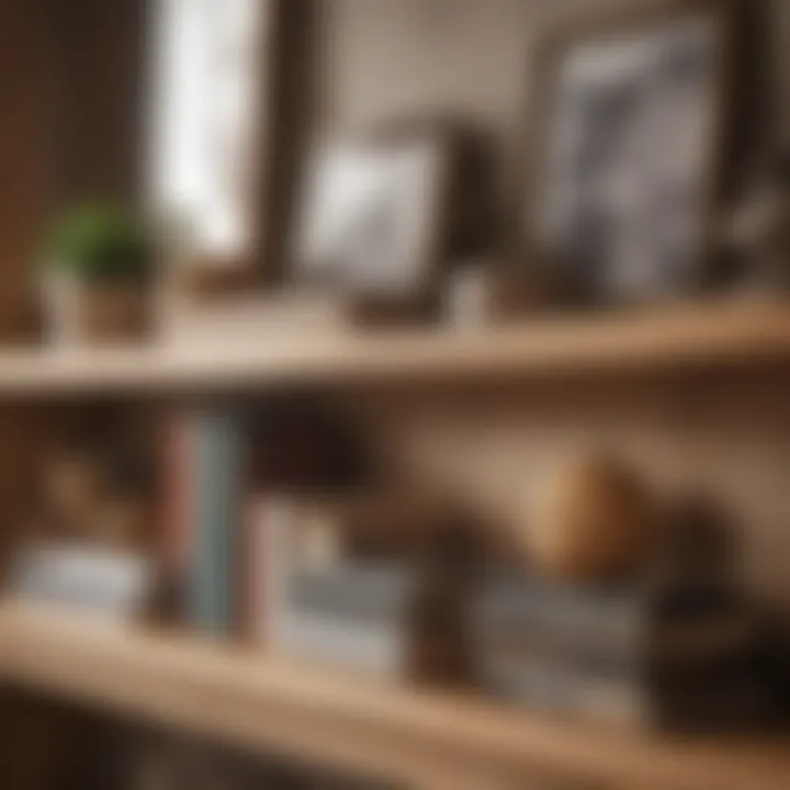 A beautifully styled wood shelf displaying books and decorative items