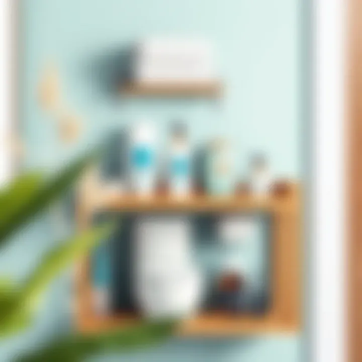 Wooden Utility Shelf with Toiletries Wooden utility shelf with neatly arranged toiletries