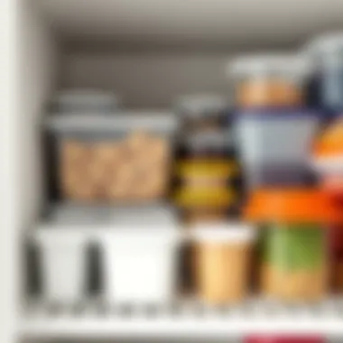 Quart plastic containers organized neatly on a shelf for efficient storage.