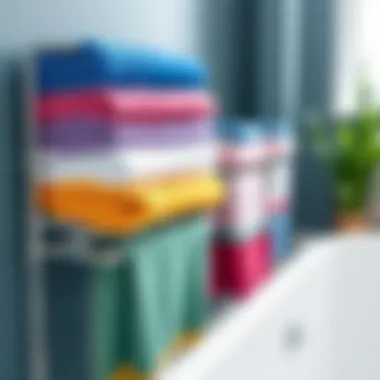 Stylish standing towel rack showcasing bath towels in vibrant colors
