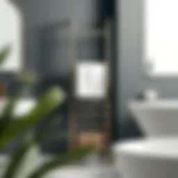 Sleek modern standing towel rack in contemporary bathroom setting