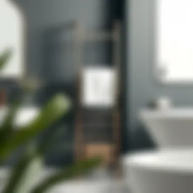 Sleek modern standing towel rack in contemporary bathroom setting