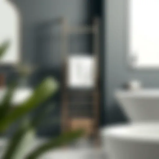 Sleek modern standing towel rack in contemporary bathroom setting