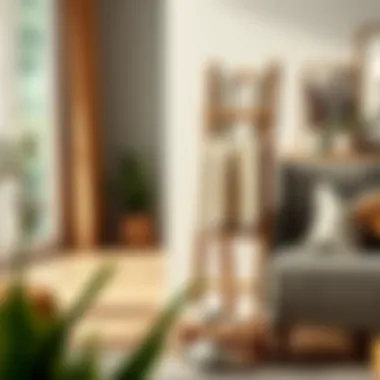 Rustic wooden standing towel rack in cozy living space