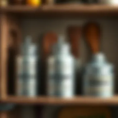 Vintage metal canisters on a rustic kitchen shelf