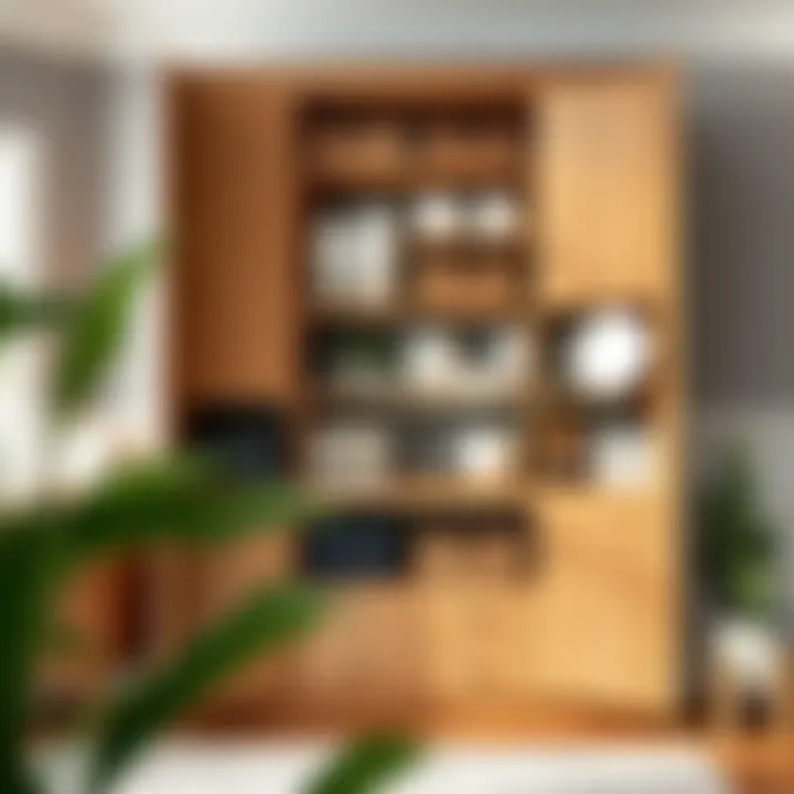 Organized tall cupboard with a variety of items neatly stored