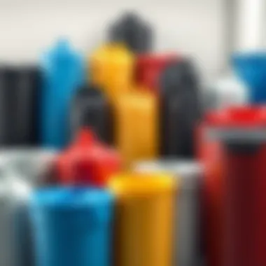 Variety of tall trash can bags in different sizes and colors