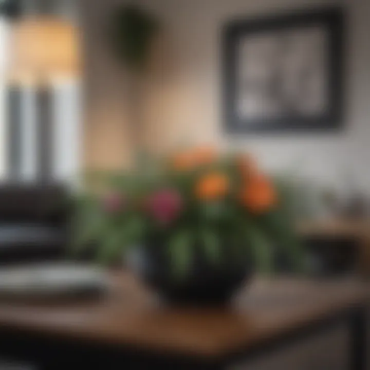 Elegant arrangement of fake plants in a black pot on a stylish table