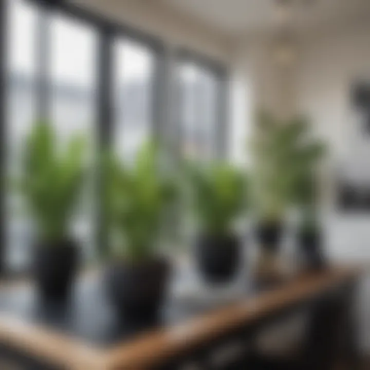 Stylish workspace enhanced by faux plants in black pots