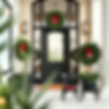 Stylishly arranged fake wreaths in a modern entrance