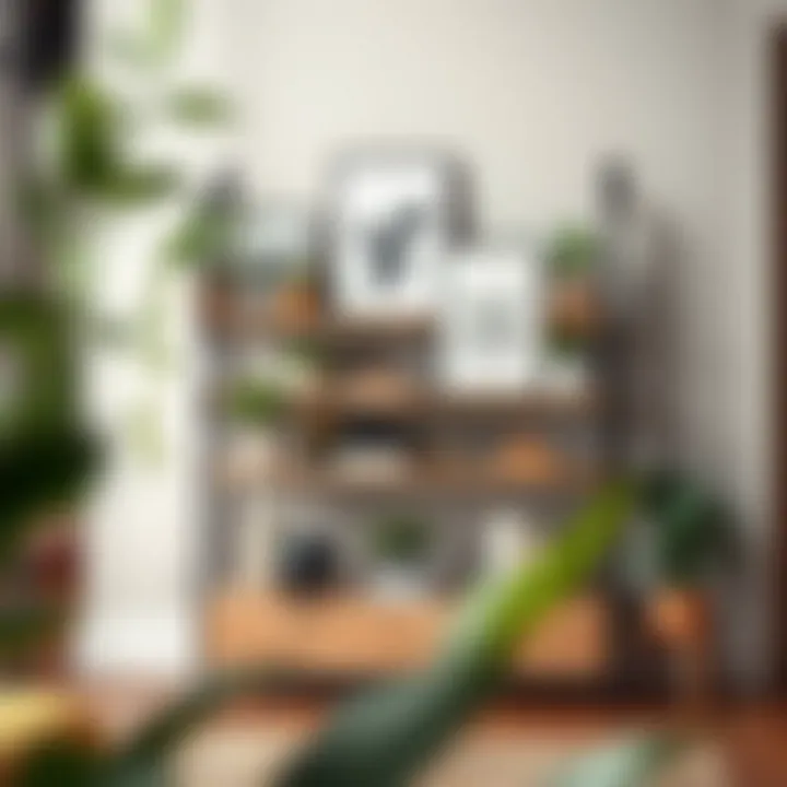 A curated display on a stand up shelving unit featuring plants and art