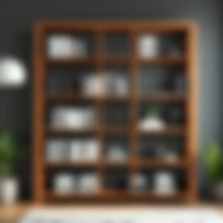 Elegant wooden stand up shelving unit showcasing books and decorative items