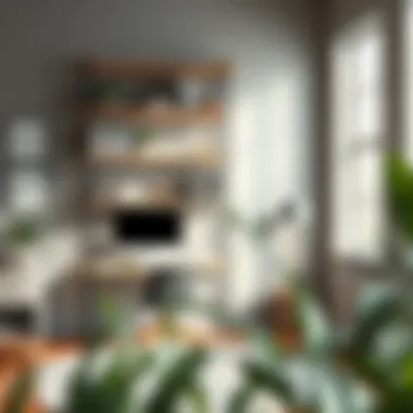 Versatile shelving unit used in a home office for organization and decoration